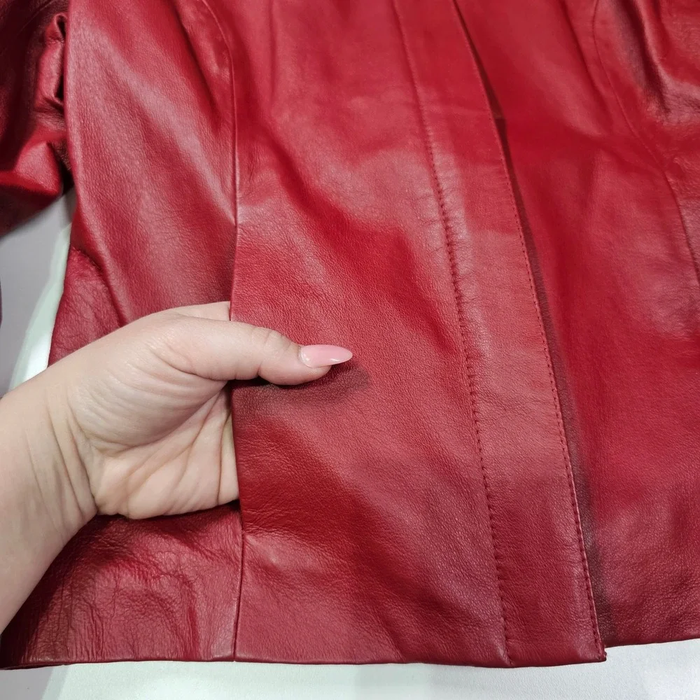 Clio Vintage 90s Petites Leather Full Zip Blazer‎ Jacket Burgundy Red Womens 4 P